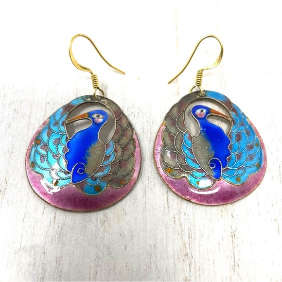 LAUREL BURCH vintage, rare enamel peacock Cloisonné earrings, vtg c1970s - Picture 7 of 7